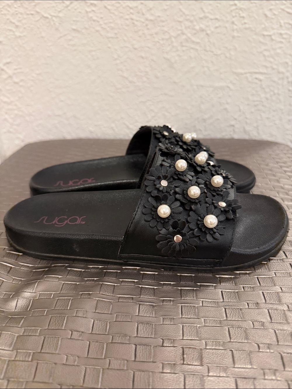 Sugar Black Floral Pearl Slide Sandals